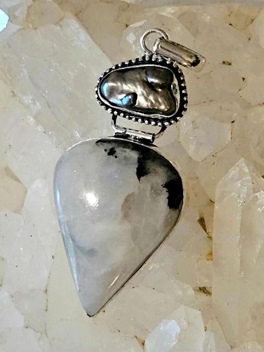 NWOT Rainbow Moonstone & Blister Pearl Pendant .925 Sterling Overlay